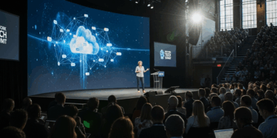 New York City tech summit venue with cloud computing keynote on stage