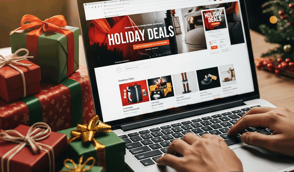 online holiday shopping on laptop with gift boxes and seasonal deals