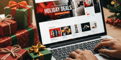 online holiday shopping on laptop with gift boxes and seasonal deals