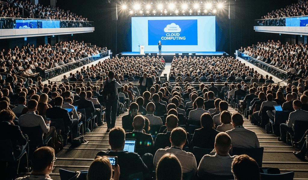 packed conference hall at major cloud computing technology event