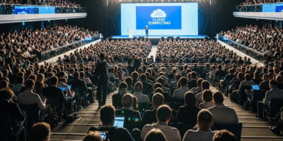 packed conference hall at major cloud computing technology event