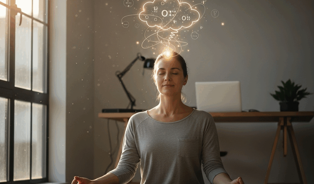 person meditating in calm workspace with positive mindset visualization