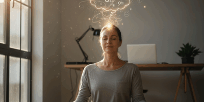 person meditating in calm workspace with positive mindset visualization
