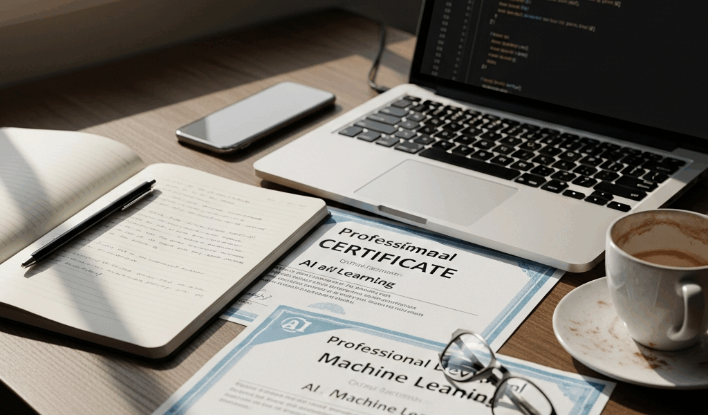 professional development certificates for AI and machine learning on desk