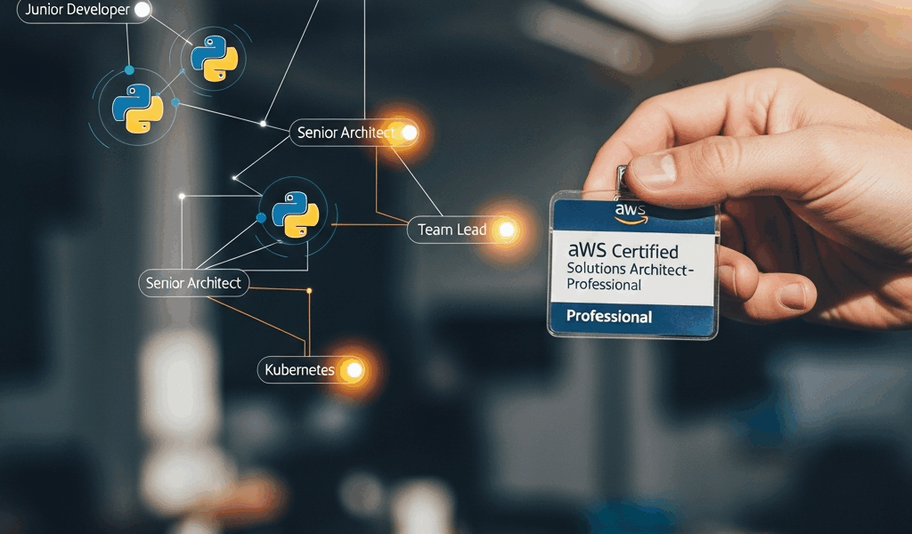 professional holding AWS certification badge with career path visualization