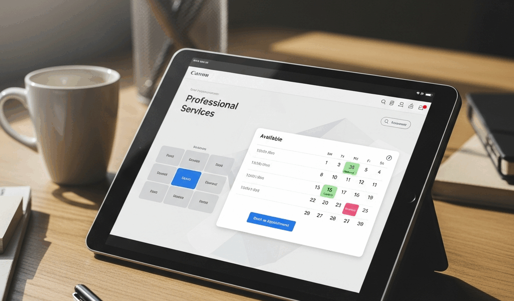 professional services page on tablet with booking calendar widget