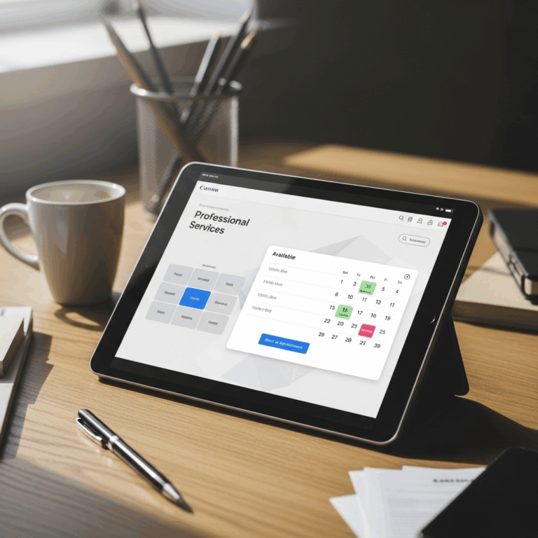 professional services page on tablet with booking calendar widget