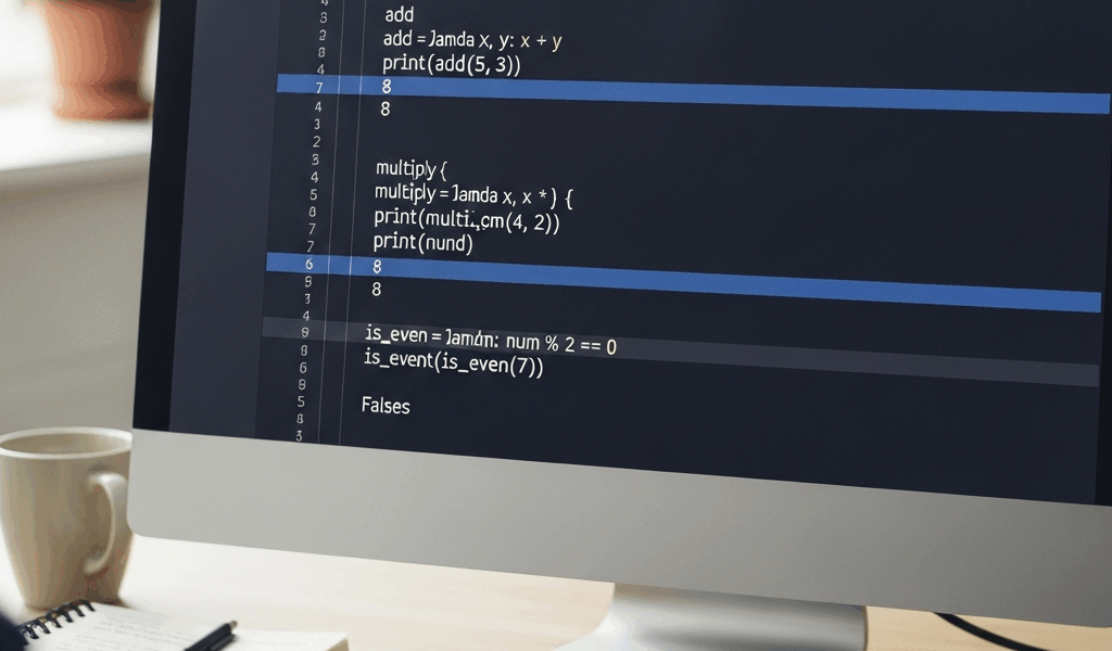 Python code editor showing lambda function examples with output