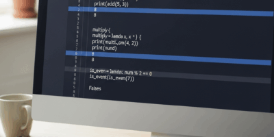 Python code editor showing lambda function examples with output