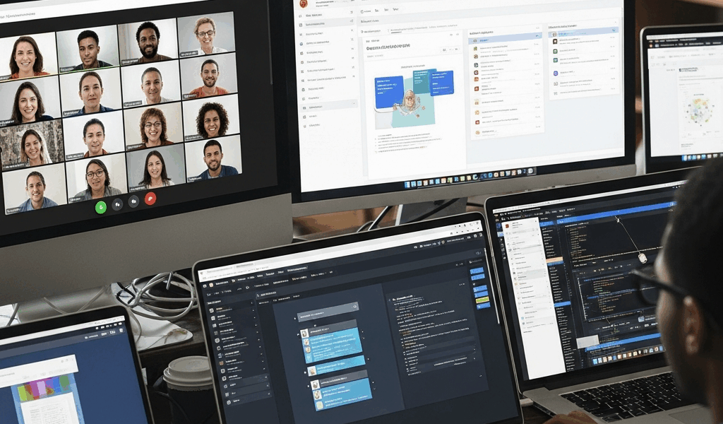 remote team collaborating through digital workspace tools on multiple screens