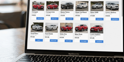 Sabre car rental booking system showing vehicle options and pricing