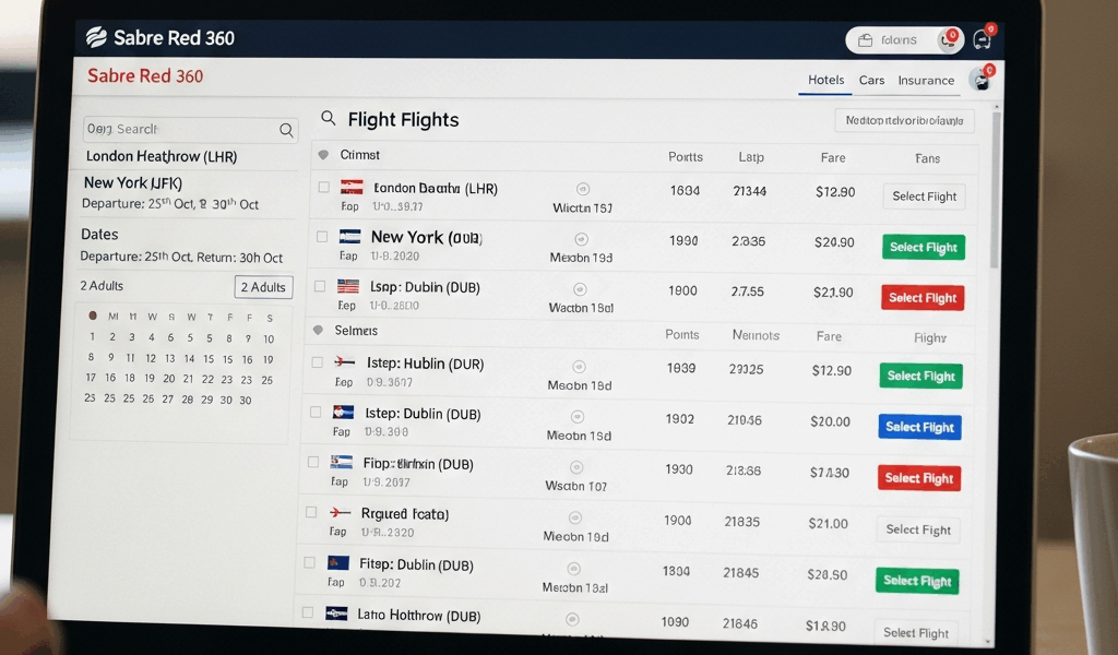 Sabre Red 360 GDS platform interface showing travel booking workflow