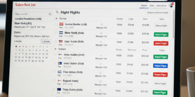 Sabre Red 360 GDS platform interface showing travel booking workflow