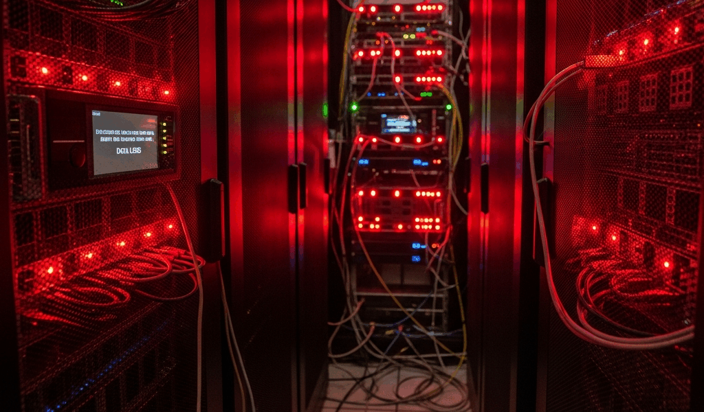 server room with red warning lights, data loss disaster recovery concept