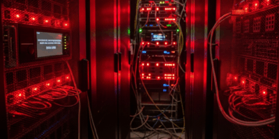 server room with red warning lights, data loss disaster recovery concept