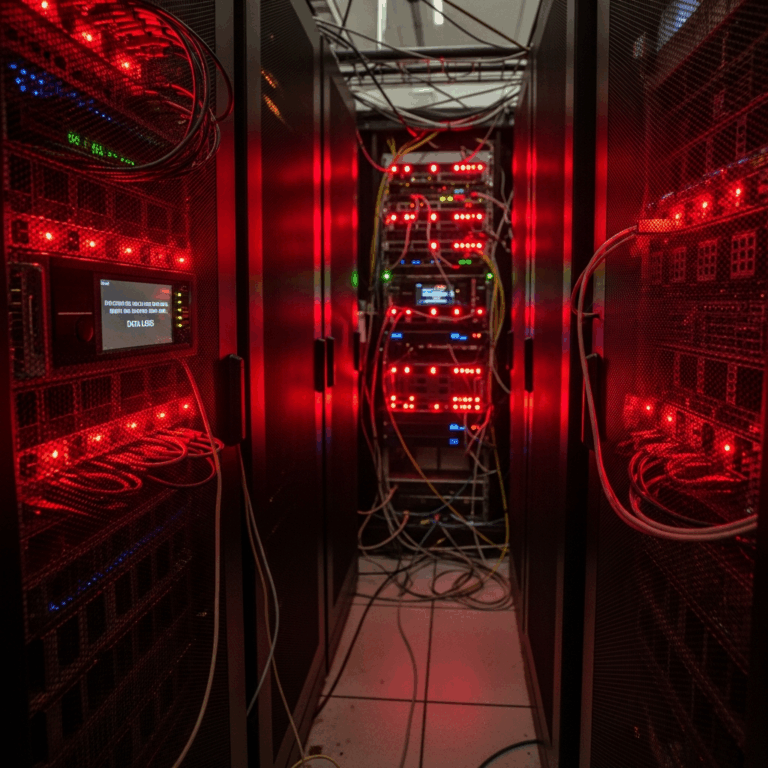 server room with red warning lights, data loss disaster recovery concept