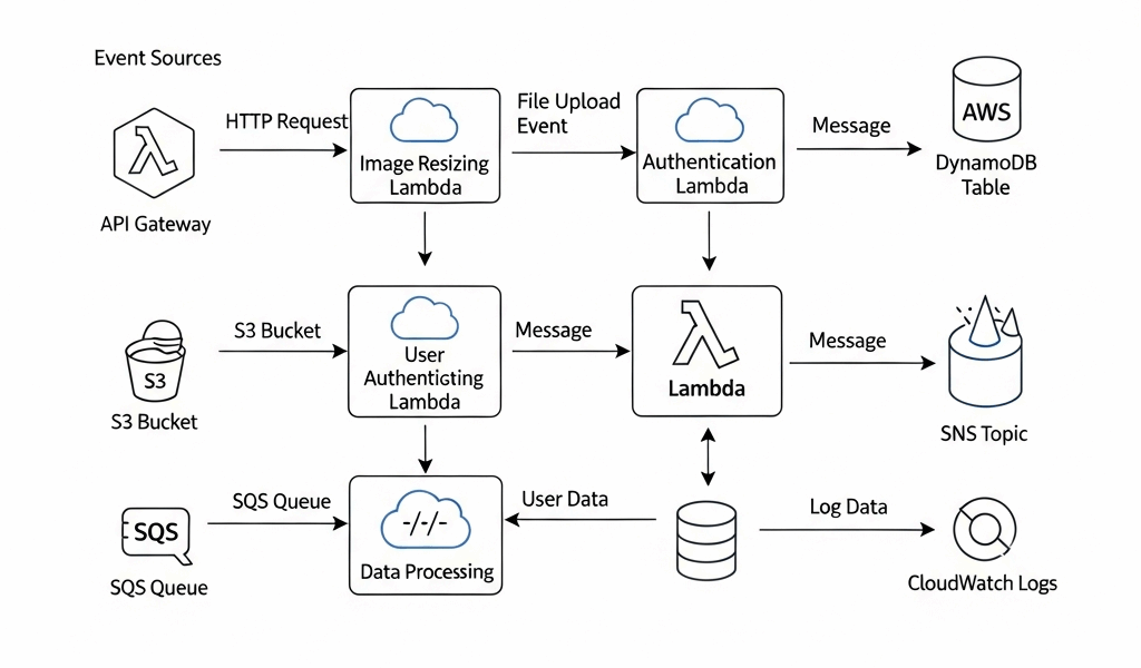 serverless architecture diagram with Lambda functions processing events