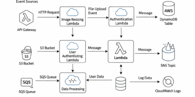 serverless architecture diagram with Lambda functions processing events