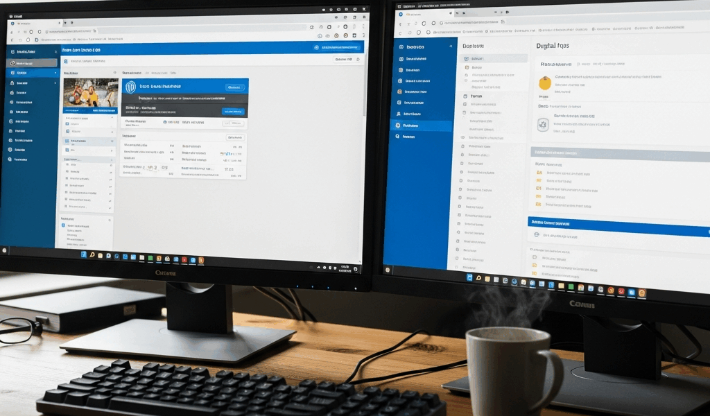 side by side comparison of content management system dashboards on dual monitors