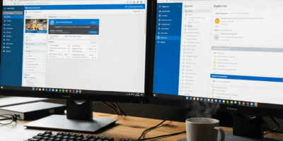 side by side comparison of content management system dashboards on dual monitors