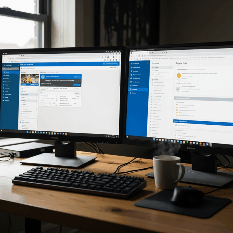 side by side comparison of content management system dashboards on dual monitors