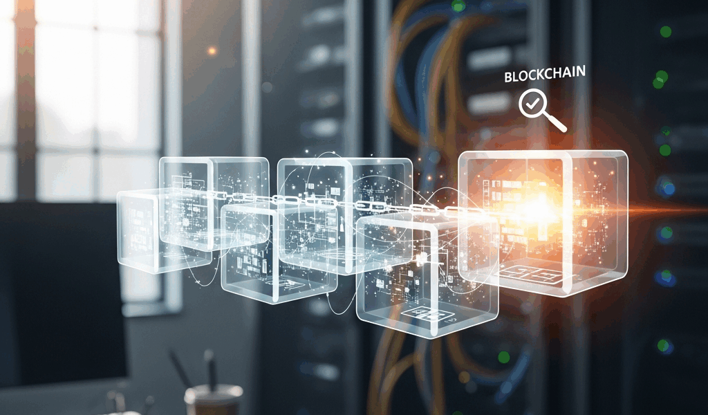 simplified blockchain concept with connected blocks and transaction verification