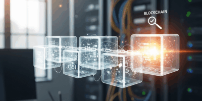 simplified blockchain concept with connected blocks and transaction verification