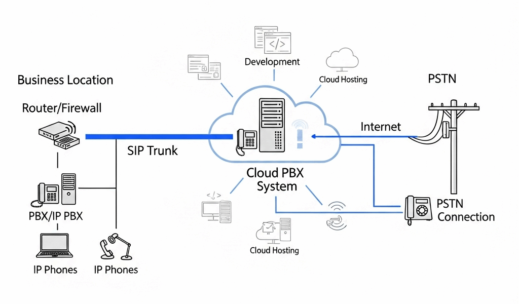 SIP trunking diagram connecting business phones to cloud PBX system