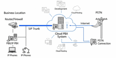 SIP trunking diagram connecting business phones to cloud PBX system