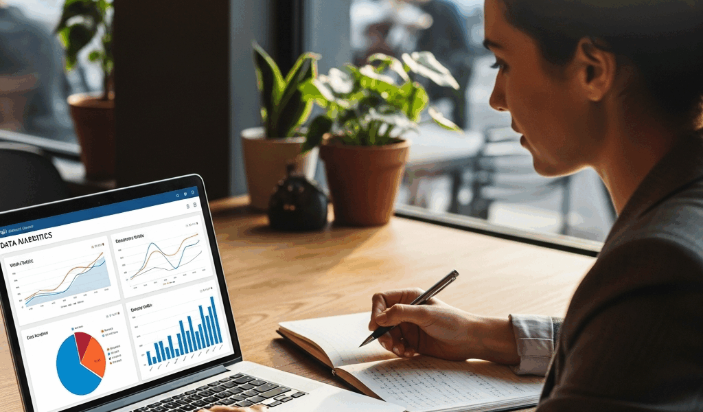 small business owner reviewing data analytics dashboard with charts