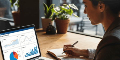 small business owner reviewing data analytics dashboard with charts