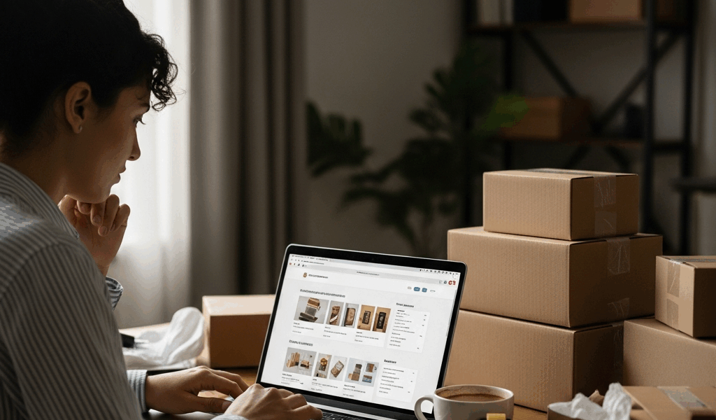 small business owner setting up online store on laptop, product boxes on desk