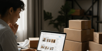 small business owner setting up online store on laptop, product boxes on desk
