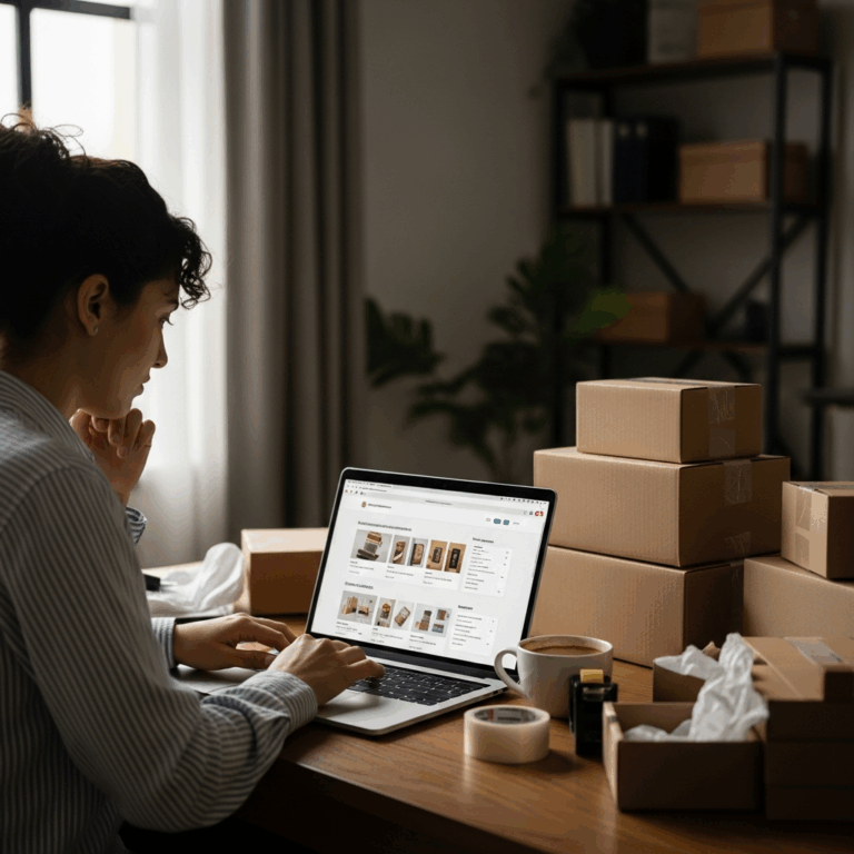small business owner setting up online store on laptop, product boxes on desk