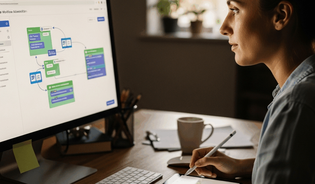 small business owner with workflow automation tools connecting on screen