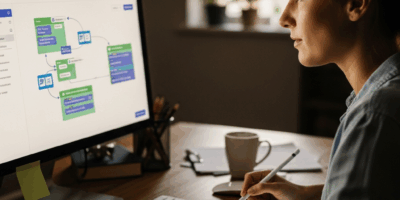small business owner with workflow automation tools connecting on screen