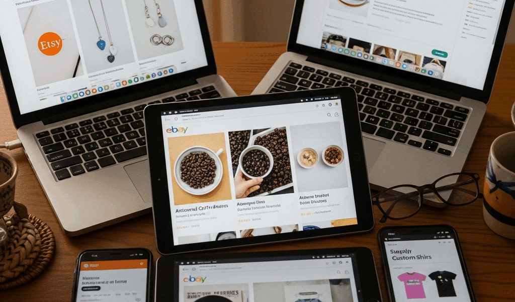 small business products listed on multiple online marketplace screens