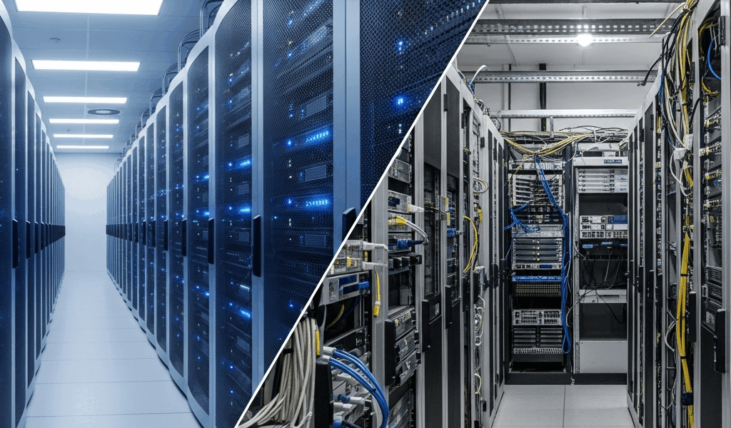 split image of modern cloud data center vs traditional server rack room