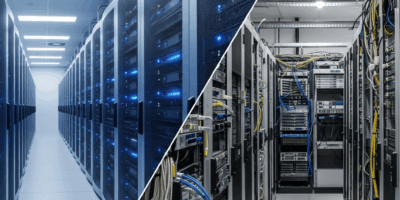 split image of modern cloud data center vs traditional server rack room
