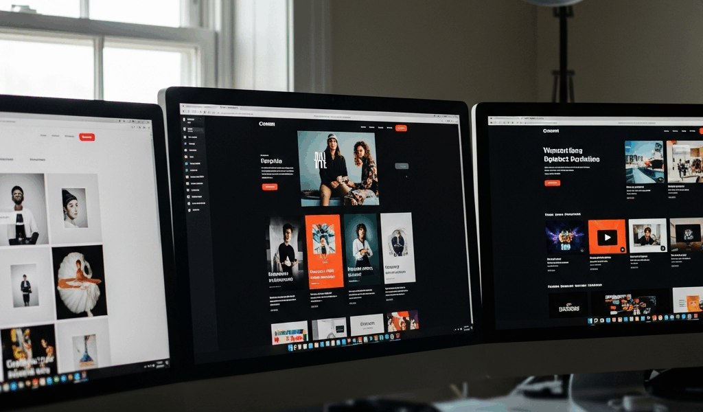 split screen comparison of three portfolio website designs on monitors