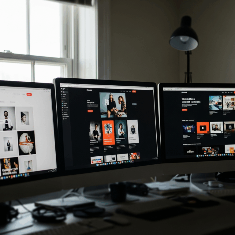 split screen comparison of three portfolio website designs on monitors