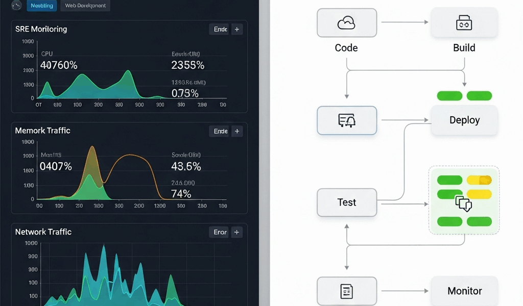 split screen showing SRE monitoring dashboards vs DevOps CI/CD pipeline