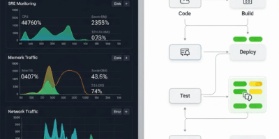 split screen showing SRE monitoring dashboards vs DevOps CI/CD pipeline