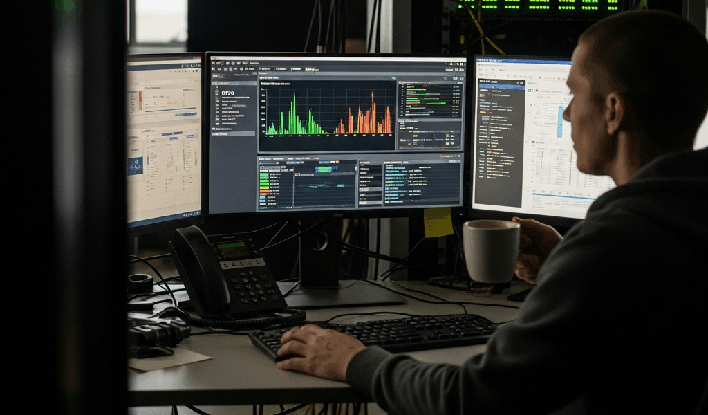 SRE engineer monitoring infrastructure dashboards with uptime metrics