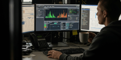 SRE engineer monitoring infrastructure dashboards with uptime metrics
