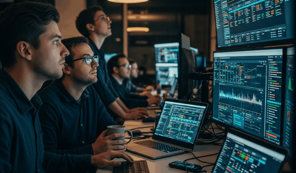 SRE team monitoring production systems with incident response dashboards