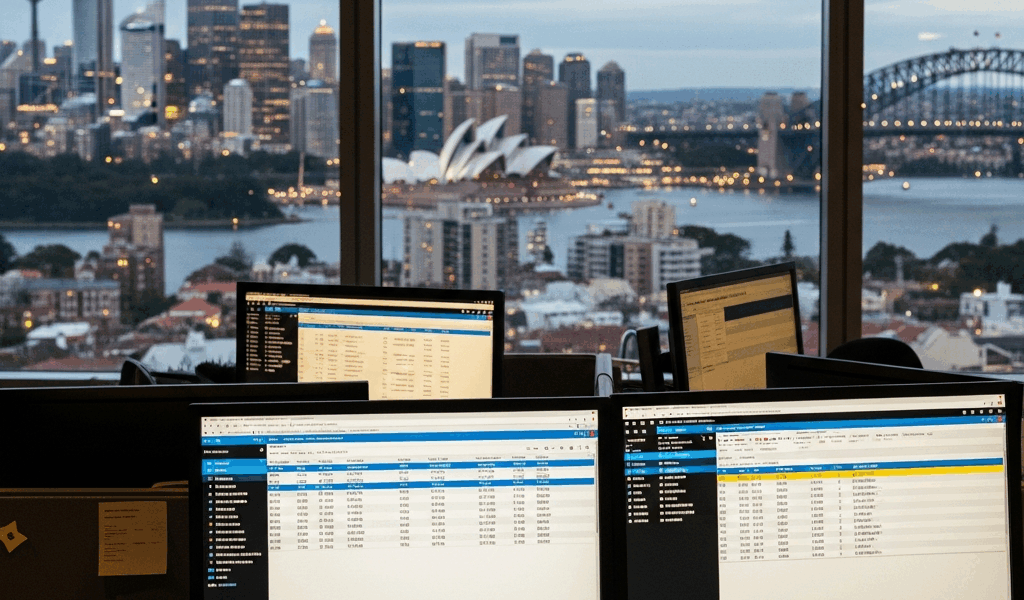 Sydney skyline with travel technology office and GDS system screens