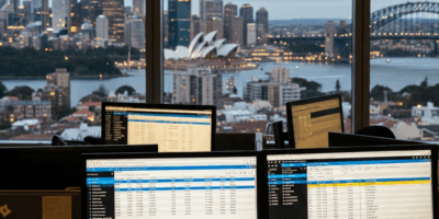 Sydney skyline with travel technology office and GDS system screens