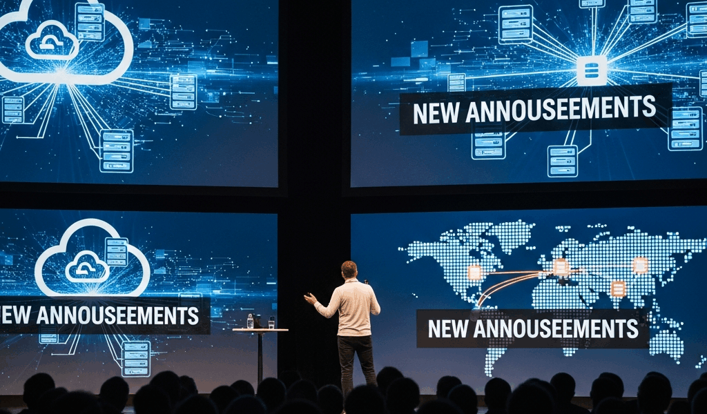 tech summit main stage with large screens showing cloud infrastructure announcements