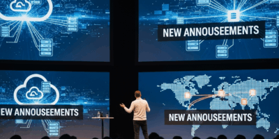 tech summit main stage with large screens showing cloud infrastructure announcements
